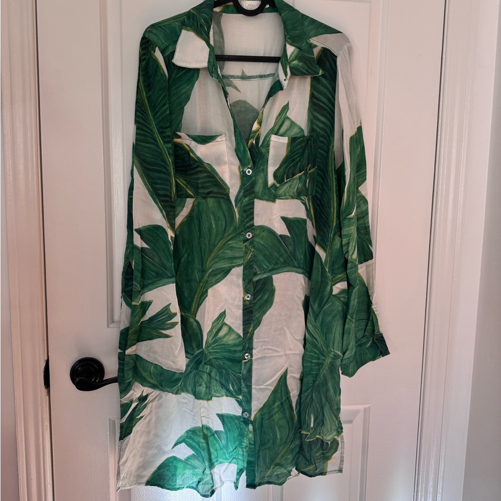 Green Leaf Print Sheer Button-Up Shirt dress